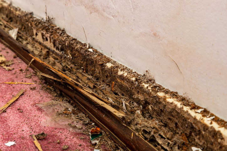 A home’s wooden baseboard is splintered and hollowed from termites