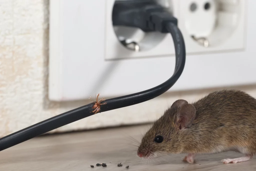 A mouse next to its droppings and a chewed wire in a home.